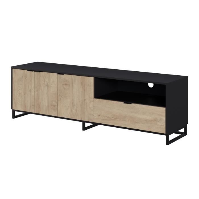 Meuble TV en mélamine coloris chêne clair et noir - Longueur 180 x profondeur 44 x Hauteur 54 cm