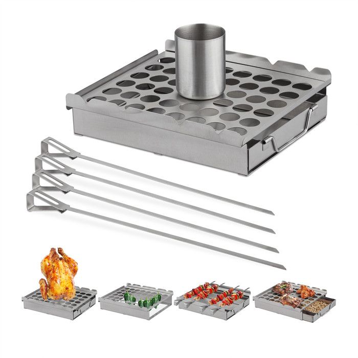 Relaxdays Support Côtes Gril Barbecue Réversible - Panier Rôtissage Viande Acier Carbone Noir
