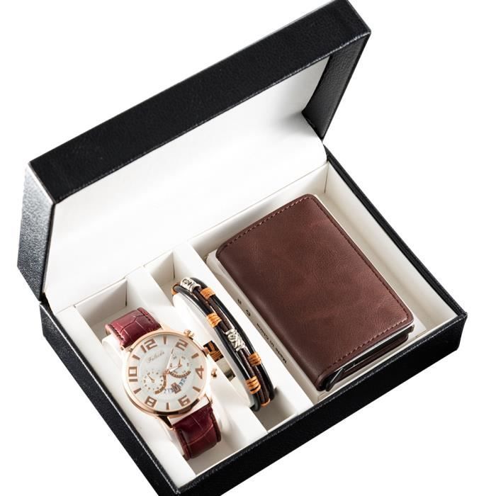 Coffret montre homme + bracelets + portefeuilles - marron chronographe bracelet en cuir cadeau d'anniversaire