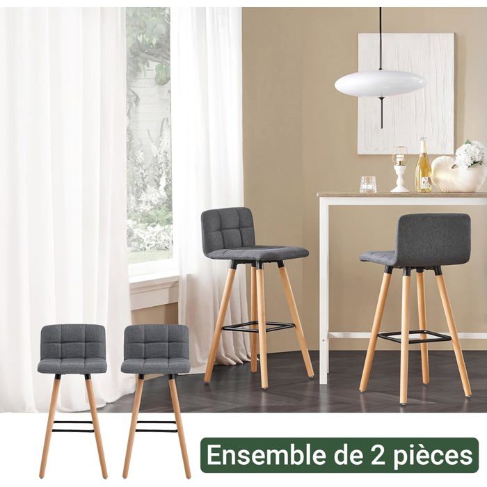 SoBuy Lot 2 Tabourets Bar Gris Anthracite 67 cm Assise Mousse Dossier Ergonomique Repose‑Pieds Bois Hévéa Métal Charge 150 kg