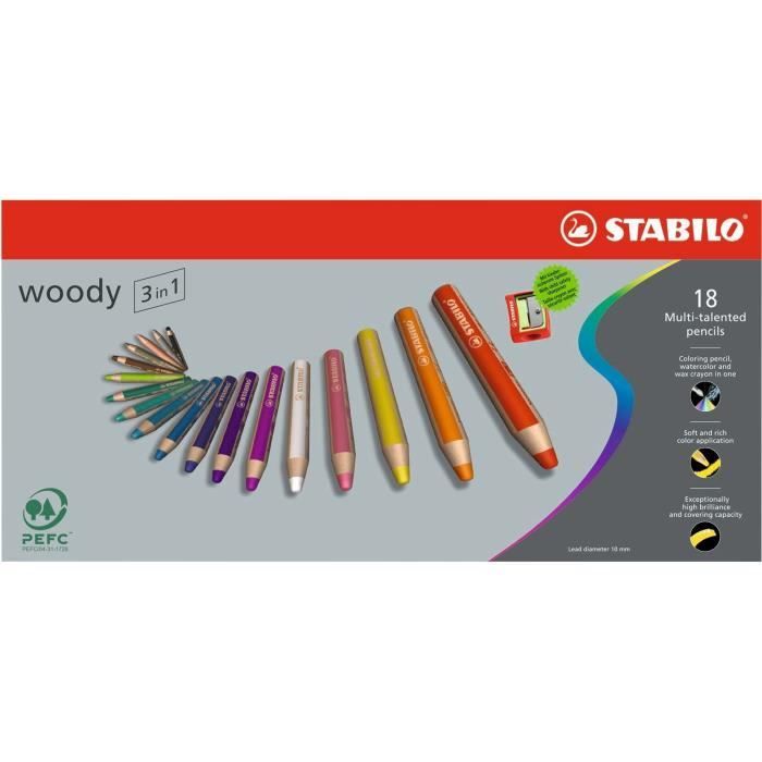 STABILO - Etui carton - lot de 18 crayons de couleur multi-talents - 1 taille-crayon