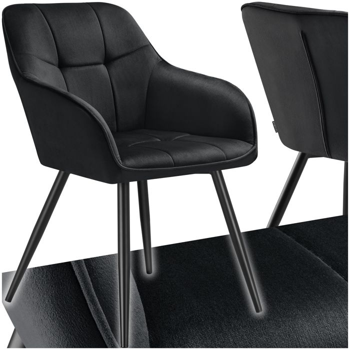 Chaise - TECTAKE - Chaise MARILYN effet velours capitonné rembourrée et pieds acier noir 58 x 62 x 82 cm - Noir