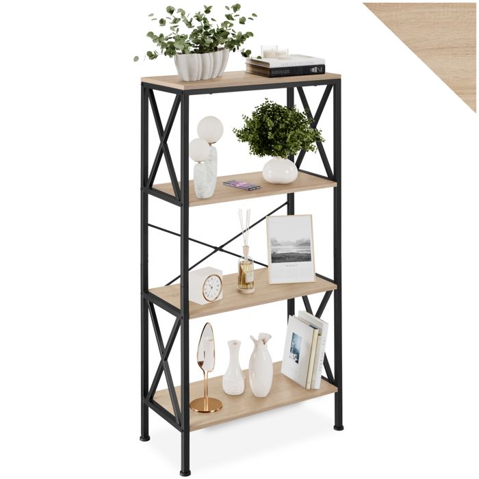 Bibliothèque - TECTAKE - Étagère BARRY sur 4 niveaux avec entretoises latérales en bois et acier 615 x 315 x 1335 cm - Bois clair