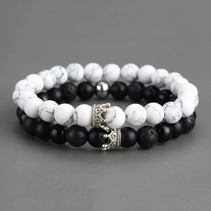 Hipwope Bracelet Perles Hommes Femmes - Élastique Noir Lava Rock, Set 4 Pièces Pierres Naturelles