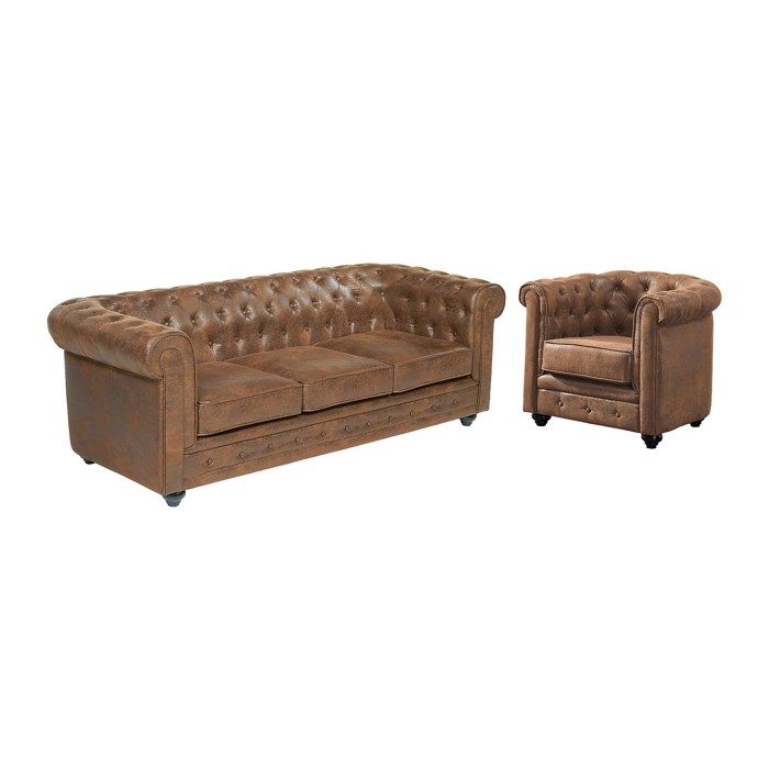Canapé 3 places et fauteuil CHESTERFIELD en microfibre aspect cuir vieilli
