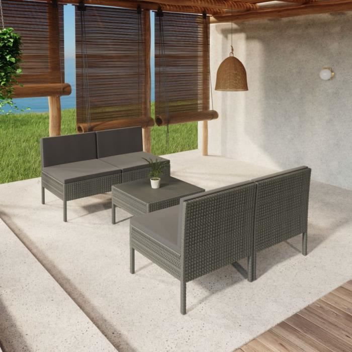 vidaXL Salon de jardin 5 pcs avec coussins Résine tressée Gris