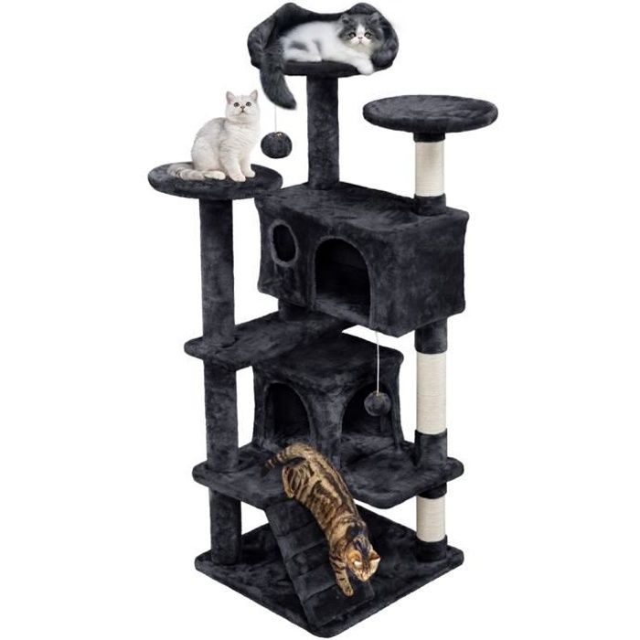 Arbre à Chat Noir - YAHEETECH - Hauteur 1385cm - 2 Niches 3 Plateformes 2 Boules Sisal Naturel - Pour 3-4 Chats