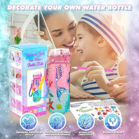 Qukir Kit Bouteille D'Eau DIY Licorne Sirène - Bouteille Isotherme 600 Ml + Peinture Diamant + Strass, Loisirs Créatifs Enfant Fille 3-10 Ans