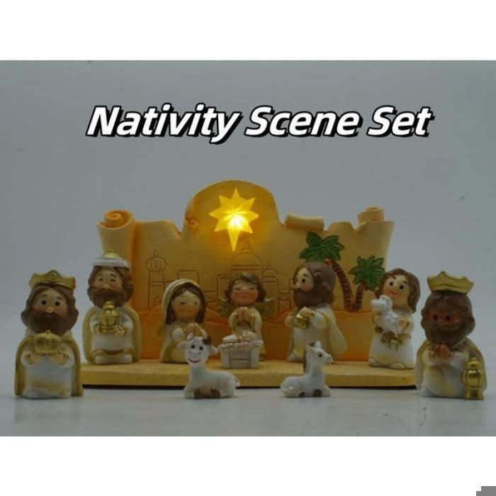 Crèche De Noël Miniature En Boîte Métal - Figurines En Résine (Sainte Famille, Moutons) - Environ 9,5x6 Cm - 7
