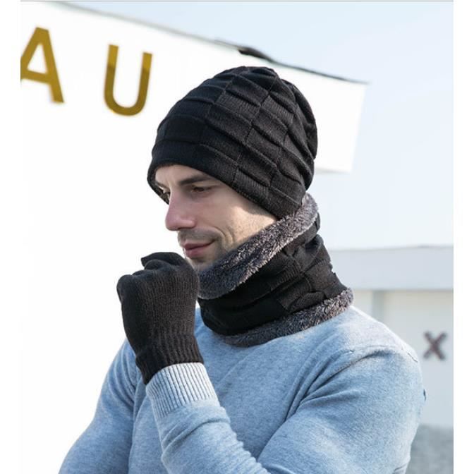 3 en 1 Bonnet d'hiver homme en tricot avec écharpe et gants,noir