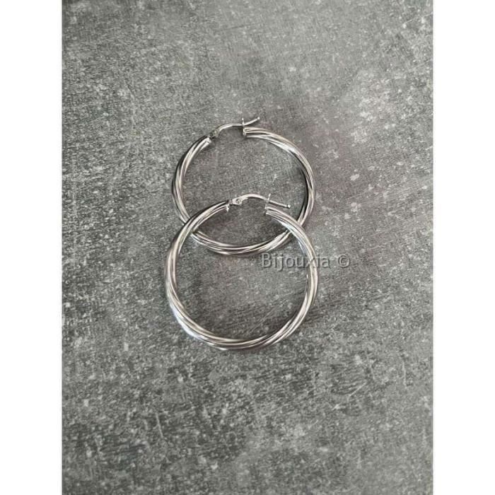 Boucles D'oreilles Créoles Striées – Argent 925 Rhodié – 6 Cm – Neuf Avec étiquettes