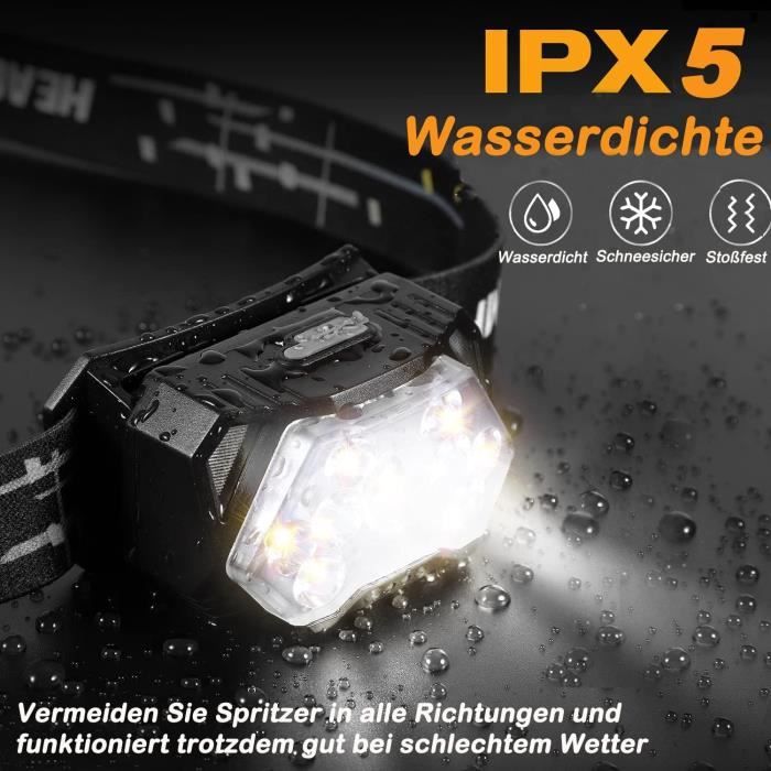 2 Lampes Frontales Rechargeables 230° - 5 Modes, Capteur Mouvement, étanche IPX4, Batterie 1200 MAh