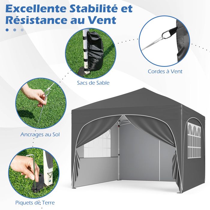 COSTWAY Tente Cabane Plage Pliable Avec Paroi Latérale - Auvent Portable 3,5m² Bleu Blanc Protection Solaire
