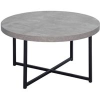 Table basse ronde design dim. Ø 80 x 45H cm piètement croisé métal noir plateau MDF effet béton ciré 80x80x45cm Gris