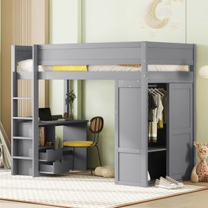 LIT MEZZANINE Lit mezzanine 90x200 cm avec équipé d'armoire et bureau, lit mezzanine 1 place avec sommier à lattes et tiroirs, bois massif, gris