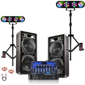 Enceinte Sono DJ Skytec 2.1 set DJ complet 1100 watts avec table de mixage  et câbles - idéal pour vos soirées