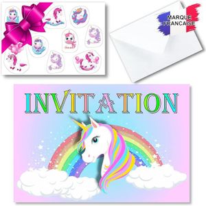 BCI013 - 8 invitations dont enveloppes - Invitation anniversaire - Licorne  arc-en-ciel