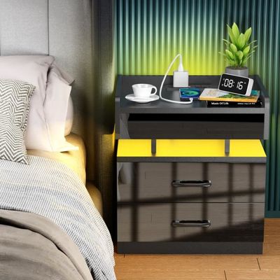 Table De Chevet Moderne Avec éclairage RGB Et Ports USB - 2 Tiroirs, Blanc, Lot De 2, 30.2x24x67cm