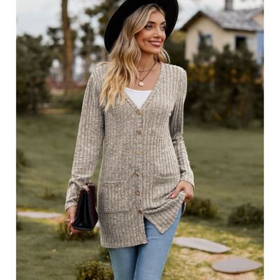 Gilet Femme GRECERELLE Cardigan Long à Boutons - Col V - Manches Longues - Polyester/Viscose