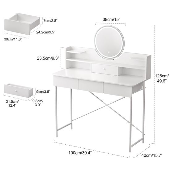 Bureau de coiffeuse moderne beige avec miroir LED tactile, 3 modes d'éclairage de couleur, 3 tiroirs, armoire de rangement et station de charge pour chambre à coucher Bureau de coiffeuse moderne beige avec miroir LED tactile, 3 modes d'éclairage de couleur, 3 tiroirs, armoire de rangement et station de charge pour chambre à coucher