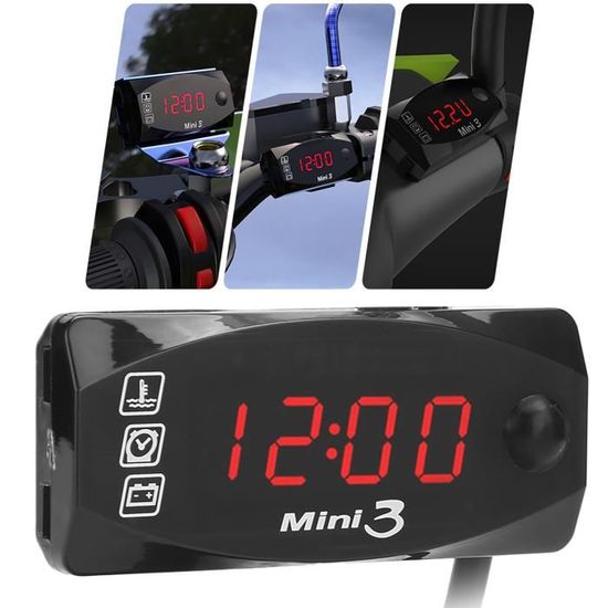 Horloge Thermomètre Voltmètre Moto 12V - Étanche IP67 - Affichage LED Numérique