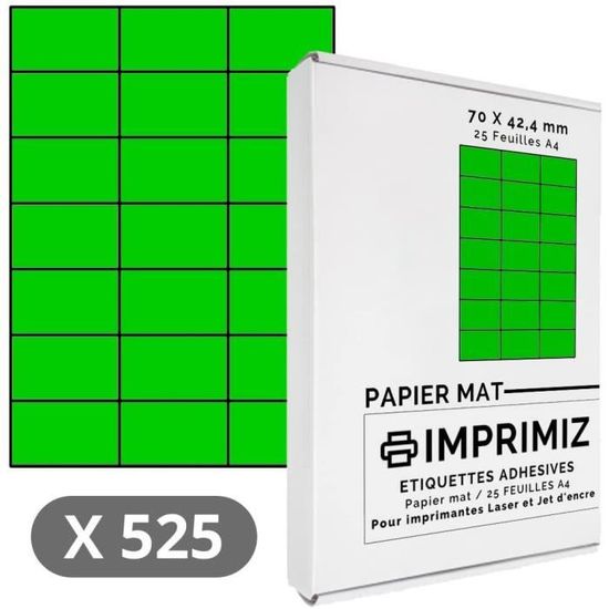 525 Étiquettes Autocollantes Vert Fluo 70x42 Mm - 25 Feuilles A4 Pour Impression Laser Et Jet D'Encre