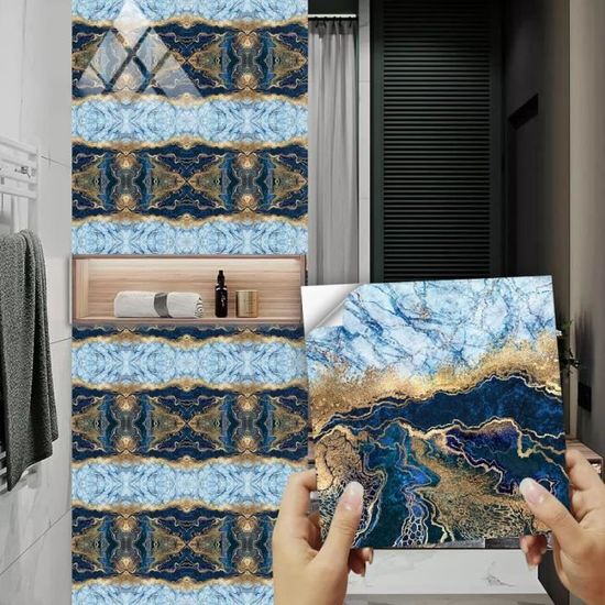 Crédence Adhésive Marbre Bleu Pour Cuisine Et Salle De Bain - Lot De 4 Carreaux PVC 30.5x30.5cm, Imperméable Et Facile à Poser