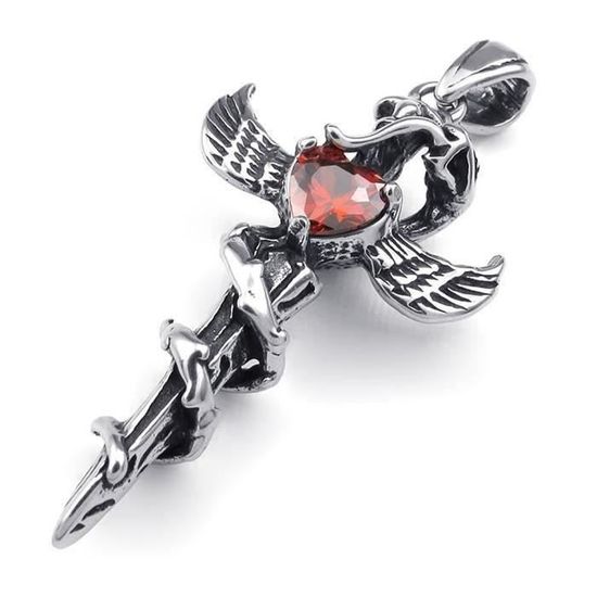 Gothique Serpent Aile Croix Epee Homme Chaine Acier Inoxydable avec Sac Cadeau 60cm Couleur Noir Argent Oxyde de Zirconium RETYLY Bijoux Pendentif Collier Homme Fantaisie 