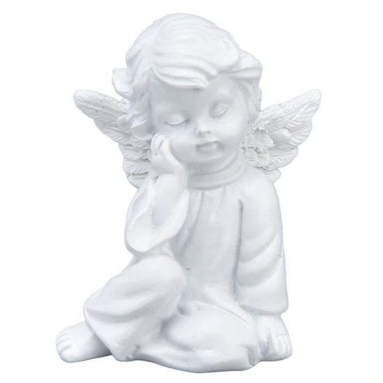 Figurine Statue Petit Ange Pensif à Droite - Chérubin Résine Blanche - Décoration Fête Mariage
