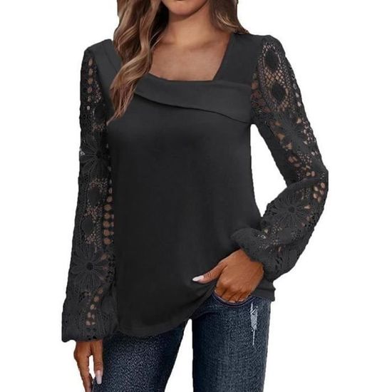 Générique Chemisier Femme Chic Et Élégant,Dentelle à Volants Haut Sweatshirts T-Shirt Ample À Manches Longues Et Col En V Pour Femme