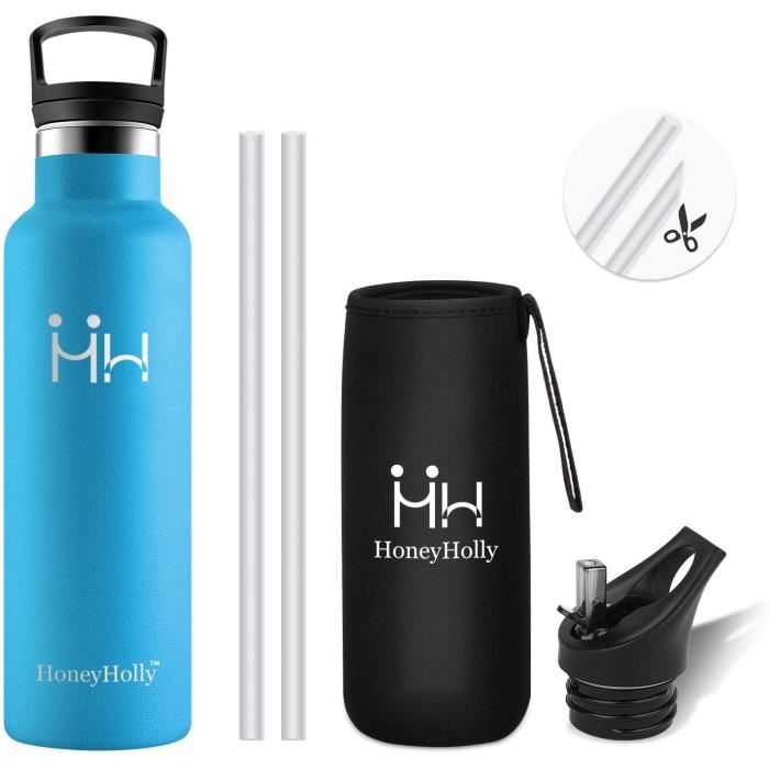 HoneyHolly Bouteille d'eau 350/500/600/750ml en Acier Inoxydable avec Isolation par Double Paroi Gourde, Anti Fuite Reutilisable San