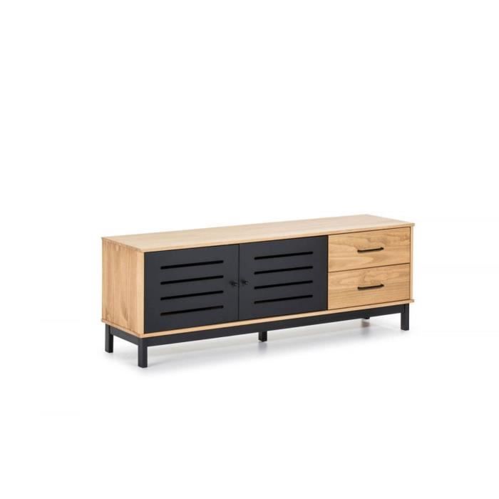 BOBOCHIC Meuble télé AUSTIN noir / bois clair Noir Lignes aérées Nombreux rangements Pieds en pin massif