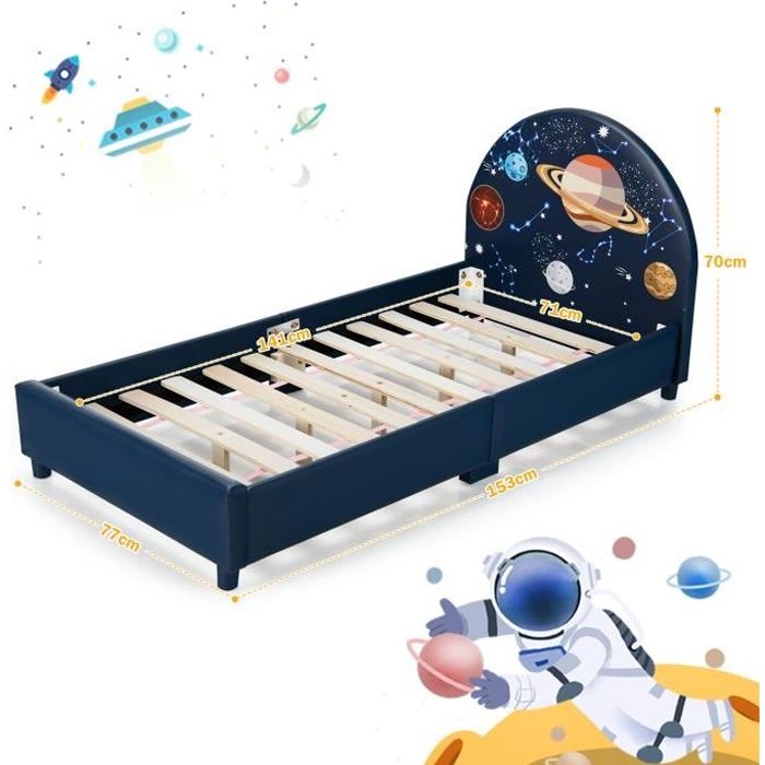COSTWAY Lit Enfant Matelas 140 x 70cm(non-inclus) avec Lattes en Bois 153x77x70cm 4 Pieds Réglables Motifs Planètes