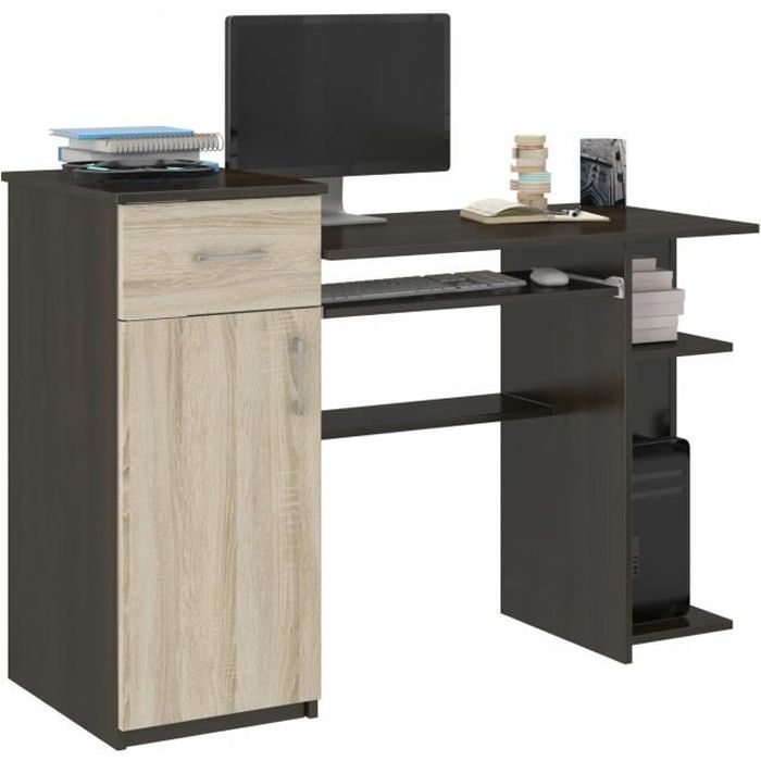 BERGEN - Bureau d'ordinateur - 120x76x50 cm - Bureau ordinateur PC - Support clavier étagère imprimante - Wengé Sonoma