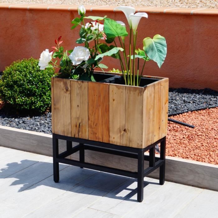 Cache Pot Bois - Dim: 46x24.5x49.5 avec 2 caches pots plastique 4L 18x18 TU