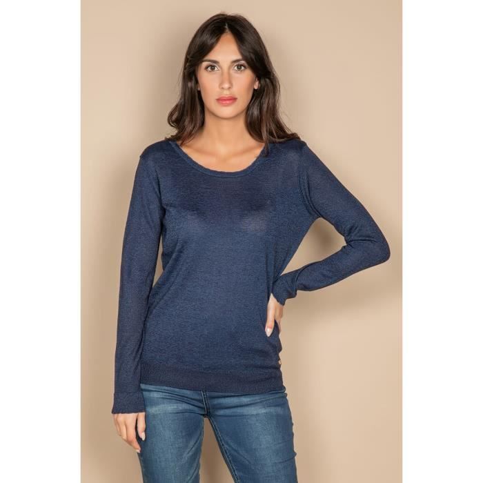 DEELUXE Pull brillant à dos décolleté SYLVY Navy Lurex