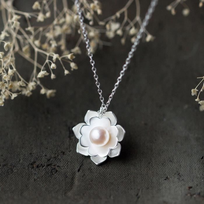 Réal. Bijoux en argent sterling 925 Bijoux Lotus White Shell Collier pendentif