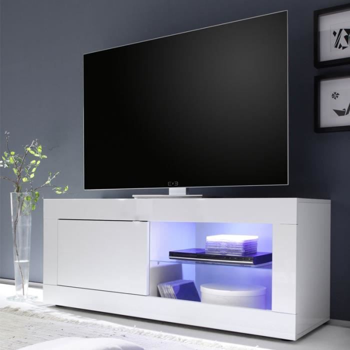 Meuble TV 1 porte 2 niches Blanc laqué brillant à LEDs - MATERA - L 140 x l 43 x H 56