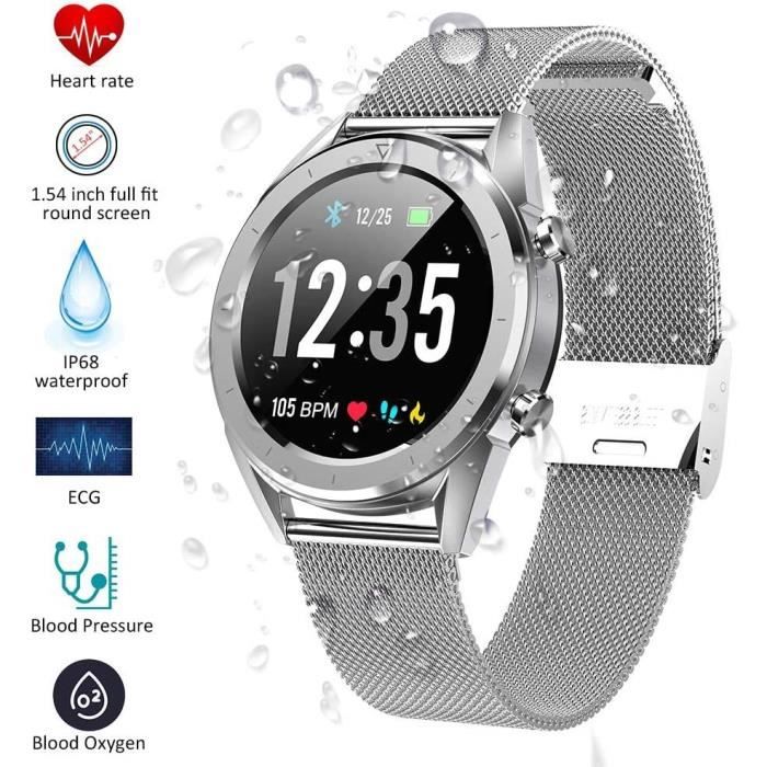 Montre Connectée Femmes Homme Montre Sport Avec 1.54'' Écran Tactile étanche IP68 avec Moniteur Cardiaque pour Android iOS-Argent