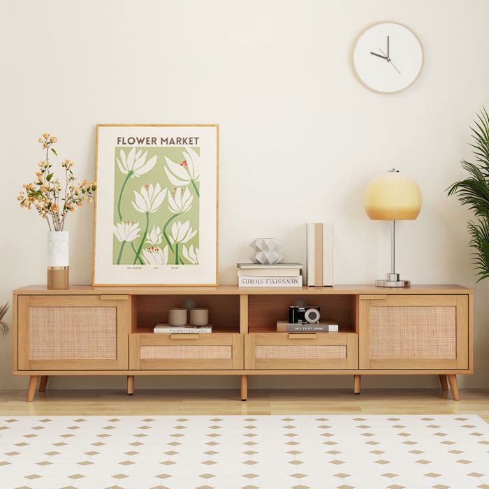 Meuble TV Salon Style Campagne2 portes 2 tiroirsArmoire Buffet Bas Design en RotinBanc TVPieds en Bois Massif200x37x49cm