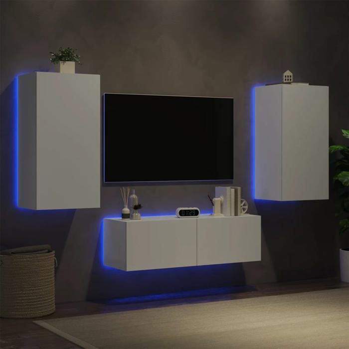 vidaXL Meubles TV Muraux avec Lumières LED 3 pcs Armoires de Télévision Suspendues Meubles Télé Flottants Moderne Blanc 3216874