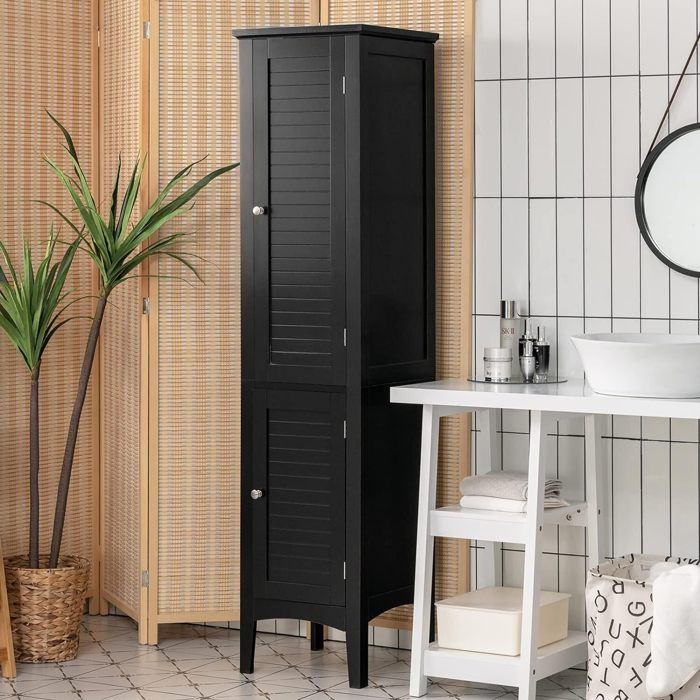 GIANTEX Meuble Colonne de Salle de Bain 160 cm - 2 Portes+ 5 Niveaux dEtages- Armoire Haute Meuble de Rangement Scandinave-Noir