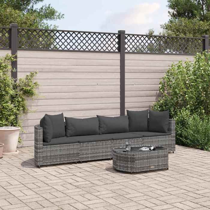 vidaXL Salon de jardin 5 pcs avec coussins gris résine tressée ensemble de canapés dextérieur canapé dangle de jardin 3308370