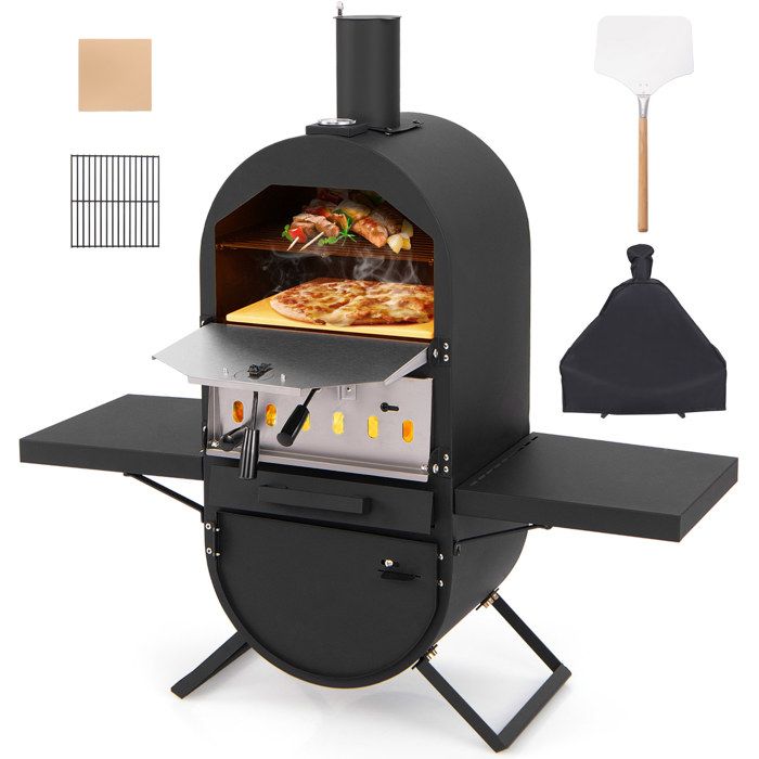 GOPLUS Four à Pizza à Bois avec Pierre à Pizza de 31 cm Pelle à Pizza Grille de Cuisson Thermomètre & Housse de Protection