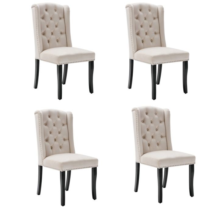 Lot de 4 Chaise Rembourrée Velours avec Garniture en Tête de Clou Chaise de Cuisine Salon Lounge Loisirs Salle à Manger Beige