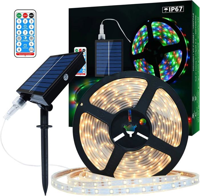 Ruban LED Solaire Extérieur 5m 280 LEDs Bande LED IP67 Étanche Lumières LED Blanc Chaud avec Télécommande 8 Modes