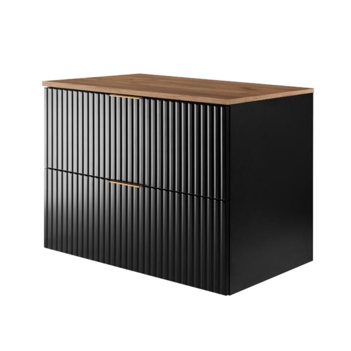Meuble Sous Vasque KALUNA 80 Cm - Bois De Noyer Rustique, à Poser, 2 Portes, Rangement Salle De Bain