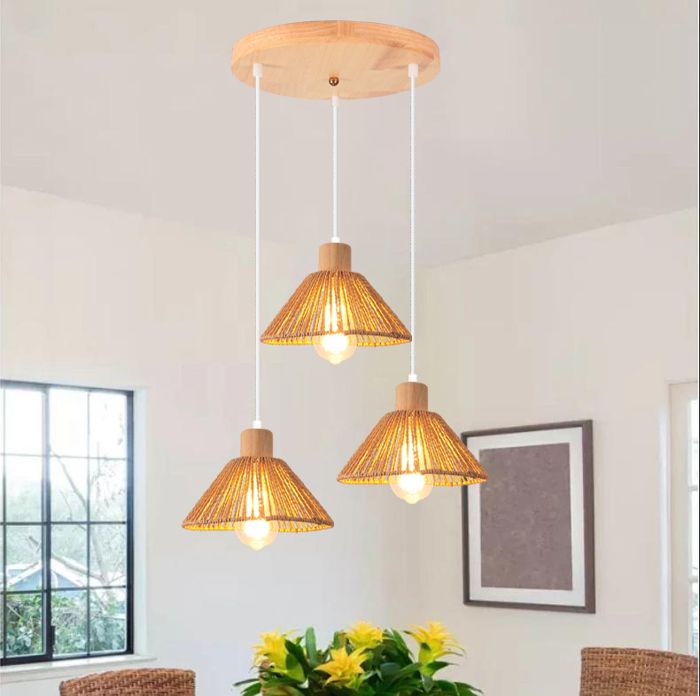 iDEGU 3lampes Lustre Vintage Industriel E27 Lampe de Plafond en Rotin et Bois Designe Chapeau Luminaire Rétro pour Salon Chambre