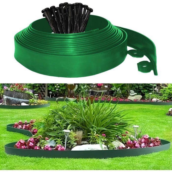 VOUNOT Bordure De Jardin Plastique Flexible 10m Avec Piquets Vert