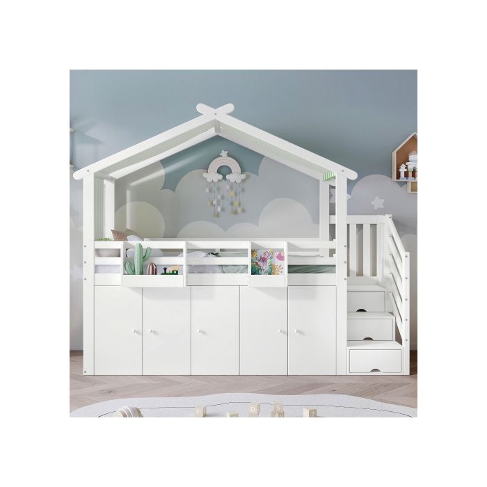 Lits superposés - MUVOE - 2 places - Blanc - Avec barrières de sécurité - Rangement intégré